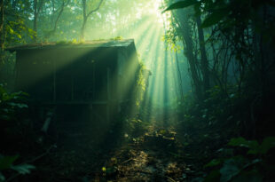 Abandoned environmental monitoring equipment in an overgrown jungle clearing, Amazon rainforest shrouded in morning mist