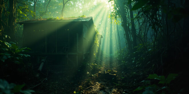 Abandoned environmental monitoring equipment in an overgrown jungle clearing, Amazon rainforest shrouded in morning mist