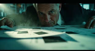 Classified documents with heavy black redaction marks being revealed on a desk in a sterile government office environment