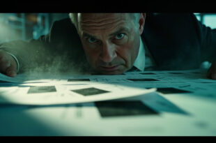 Classified documents with heavy black redaction marks being revealed on a desk in a sterile government office environment