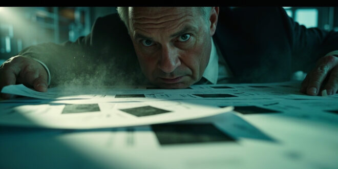 Classified documents with heavy black redaction marks being revealed on a desk in a sterile government office environment