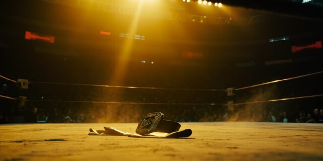 Empty championship belt rests on canvas in a dimly lit, abandoned wrestling ring illuminated by a single spotlight