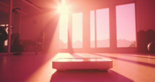 Empty digital scale in a minimalist fitness studio with abandoned equipment, bathed in morning light highlighting a weight loss journey.
