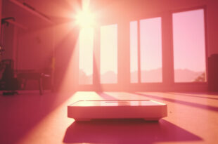 Empty digital scale in a minimalist fitness studio with abandoned equipment, bathed in morning light highlighting a weight loss journey.