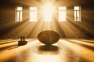 Arranged dumbbells and rugby ball on wooden floor in minimalist fitness studio with natural light and dust particles