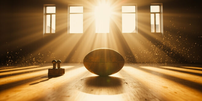 Arranged dumbbells and rugby ball on wooden floor in minimalist fitness studio with natural light and dust particles