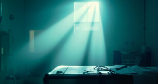 Medical chart and stethoscope illuminated on examination table in sterile hospital room highlighting bowel cancer test results