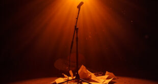 Empty vintage stage with microphone stand, sheet music, and guitar in nostalgic Melbourne music venue bathed in amber light