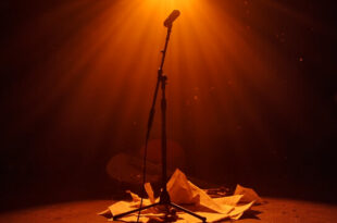 Empty vintage stage with microphone stand, sheet music, and guitar in nostalgic Melbourne music venue bathed in amber light