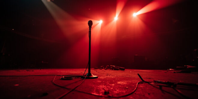 Empty concert hall with abandoned equipment and microphone on a darkened stage bathed in deep red lighting