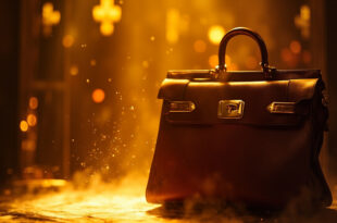 Vintage cognac-colored leather handbag with gold hardware displayed under spotlight in elegant auction house