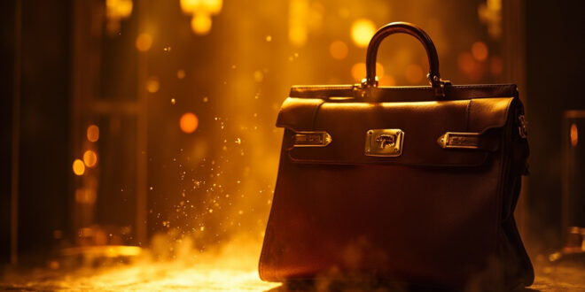 Vintage cognac-colored leather handbag with gold hardware displayed under spotlight in elegant auction house