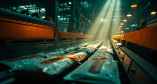 Silent machinery at an abandoned döner production facility with packaged products frozen on a halted conveyor belt