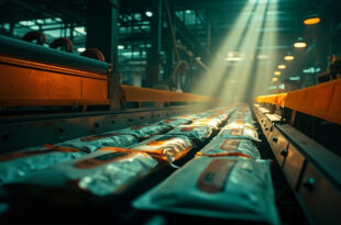 Silent machinery at an abandoned döner production facility with packaged products frozen on a halted conveyor belt