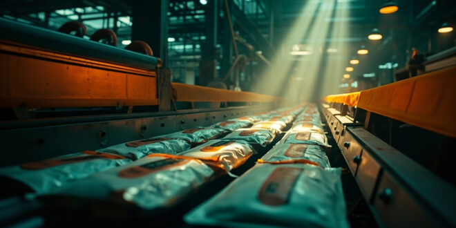 Silent machinery at an abandoned döner production facility with packaged products frozen on a halted conveyor belt