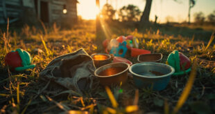 Abandoned children's backpack and toys lie next to empty dog bowls in an overgrown clearing with dilapidated shack