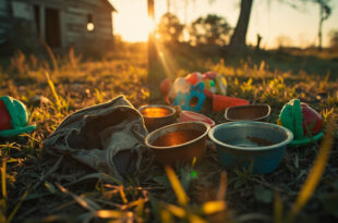 Abandoned children's backpack and toys lie next to empty dog bowls in an overgrown clearing with dilapidated shack
