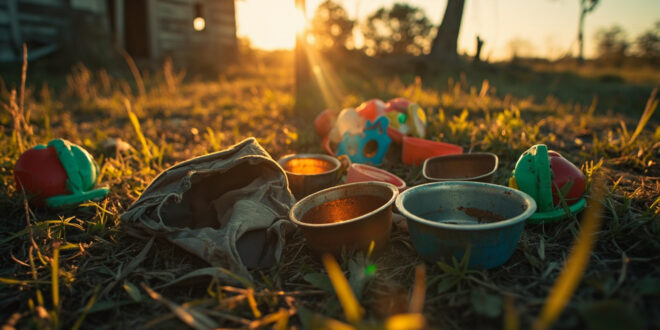 Abandoned children's backpack and toys lie next to empty dog bowls in an overgrown clearing with dilapidated shack