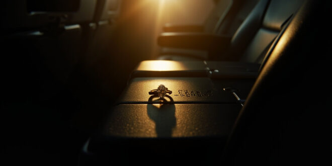 Diamond engagement ring with flight number engraving displayed on airplane tray table between two empty seats