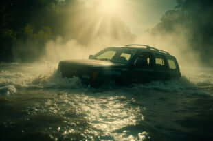Abandoned vehicle partially submerged in muddy floodwaters of Texas creek during storm