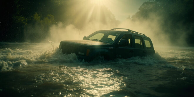 Abandoned vehicle partially submerged in muddy floodwaters of Texas creek during storm