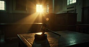 Abandoned courthouse at dawn with empty benches, witness stand, and a lone gavel on the judge's desk bathed in early light