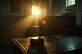 Abandoned courthouse at dawn with empty benches, witness stand, and a lone gavel on the judge's desk bathed in early light