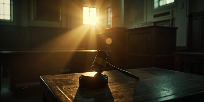 Abandoned courthouse at dawn with empty benches, witness stand, and a lone gavel on the judge's desk bathed in early light
