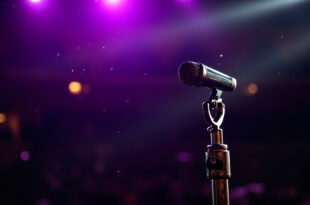 Solitary vintage microphone with bat symbol stands silently on an empty, dimly lit concert stage bathed in purple light
