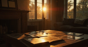 Vintage photograph albums scattered on wooden table in quiet family living room at dusk, with empty frames on mantlepiece