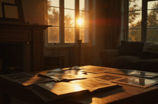 Vintage photograph albums scattered on wooden table in quiet family living room at dusk, with empty frames on mantlepiece