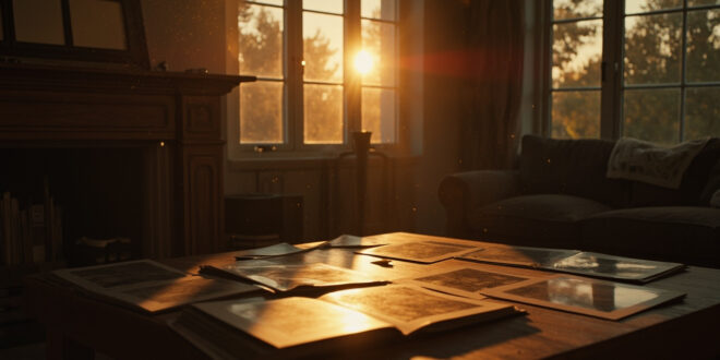 Vintage photograph albums scattered on wooden table in quiet family living room at dusk, with empty frames on mantlepiece