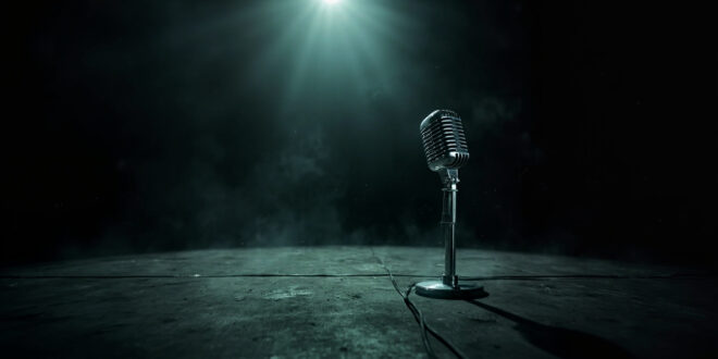 Abandoned vintage microphone stand illuminated by spotlight on empty dark concert stage, symbolizing rock music legacy