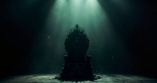 Empty ornate gothic throne sits under single spotlight on abandoned concert stage, symbolizing a heavy metal legend's legacy