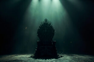 Empty ornate gothic throne sits under single spotlight on abandoned concert stage, symbolizing a heavy metal legend's legacy
