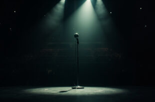 Empty microphone stand under spotlight on silent stage in darkened concert hall, symbolizing a heavy metal legend's death
