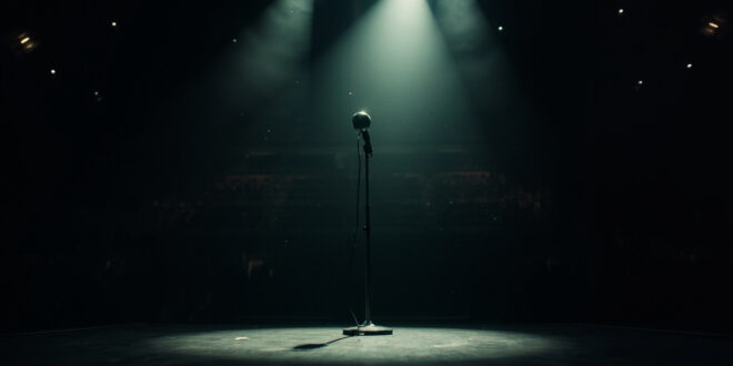 Empty microphone stand under spotlight on silent stage in darkened concert hall, symbolizing a heavy metal legend's death