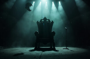 Empty ornate throne on a darkened gothic concert stage with abandoned microphone stand and bat silhouette