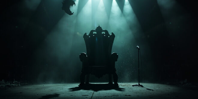 Empty ornate throne on a darkened gothic concert stage with abandoned microphone stand and bat silhouette