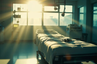 Empty hospital room with advanced medical equipment, surgical instruments, and monitoring systems in morning light