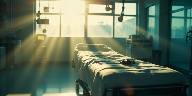 Empty hospital room with advanced medical equipment, surgical instruments, and monitoring systems in morning light