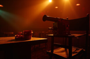 Vintage film camera on director's chair in dimmed empty cinema screening room with film reels on wooden table