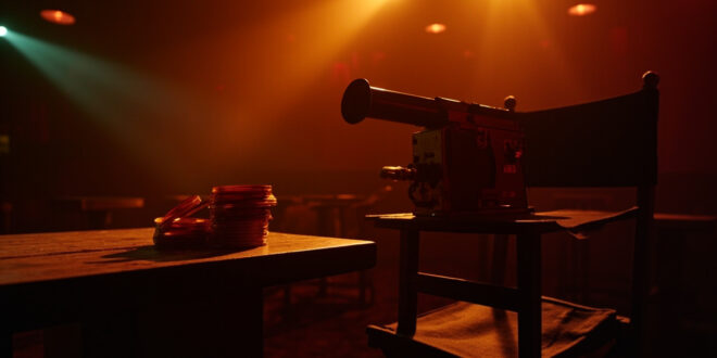 Vintage film camera on director's chair in dimmed empty cinema screening room with film reels on wooden table