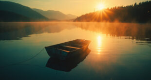 Empty boat drifting on serene mountain lake at golden hour, memorializing drowning tragedy