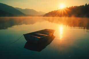 Empty boat drifting on serene mountain lake at golden hour, memorializing drowning tragedy