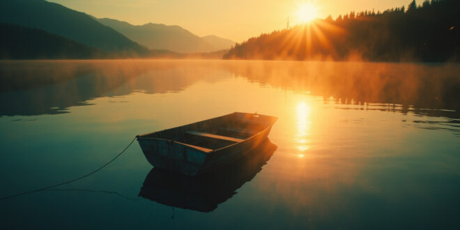 Empty boat drifting on serene mountain lake at golden hour, memorializing drowning tragedy