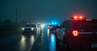 Empty police vehicles with flashing lights form solemn procession on rain-soaked Texas highway at dusk, memorializing flood victims