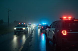 Empty police vehicles with flashing lights form solemn procession on rain-soaked Texas highway at dusk, memorializing flood victims