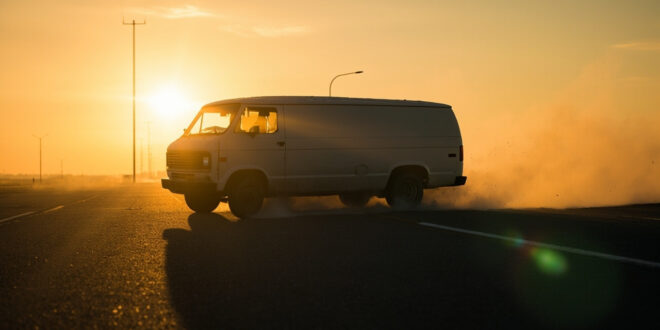 Abandoned white van on desolate Interstate 87 at dusk, bathed in amber light, suggesting a missing child emergency