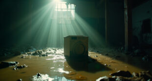 Open washing machine stands as survival symbol in flood-damaged home interior with muddy water and debris